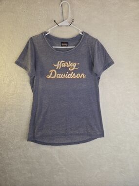 Women's Harley Davidson Rhinestone Logo Sz M T Shirt Slate Blue Osceola, IA  NWT